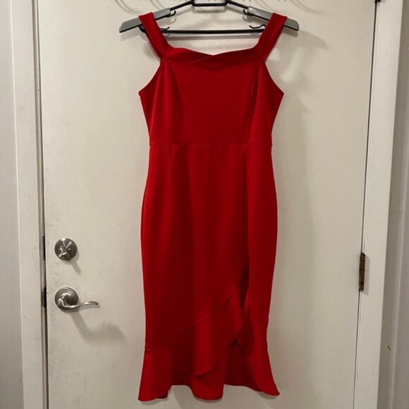 SHEIN Womens Red High-Low Asymmetric Salsa Ruffle Sheath Dress Back Zipper Sz M - Picture 2 of 12